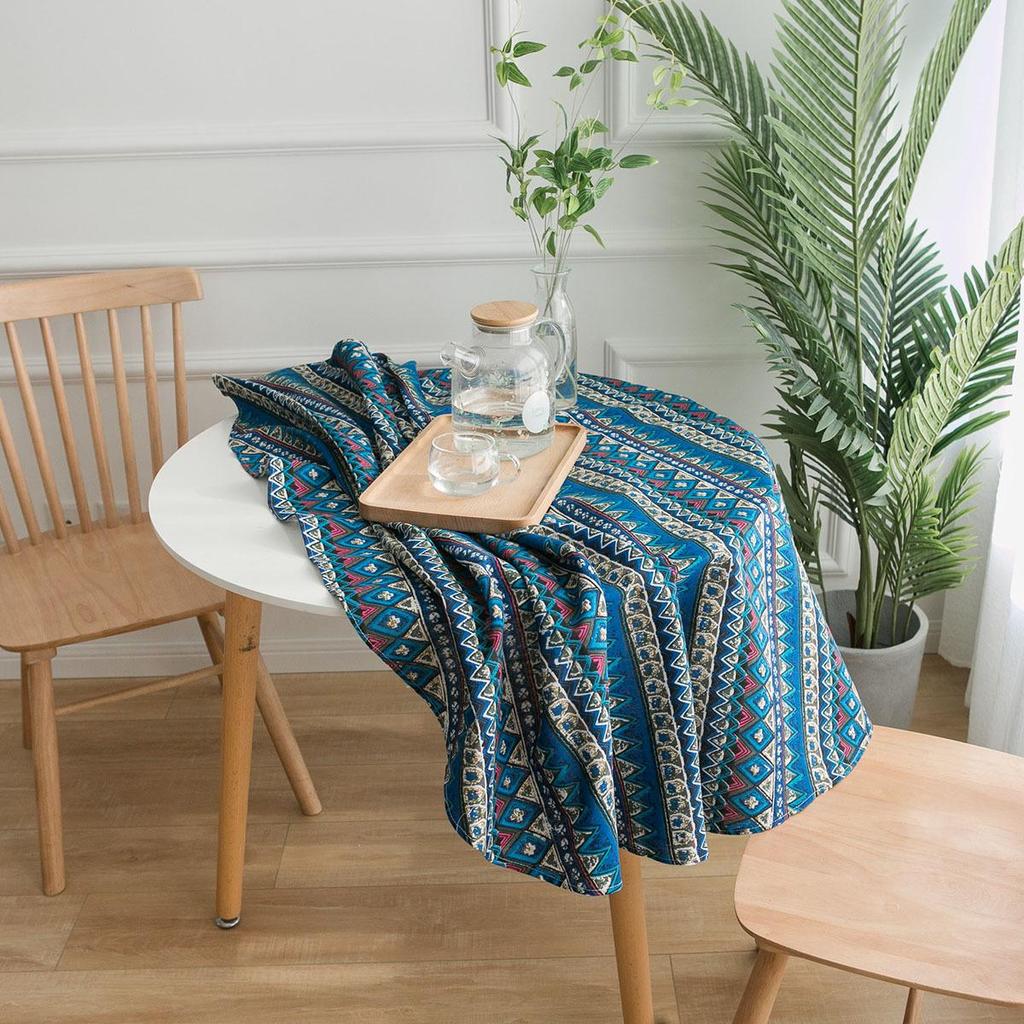 Bohemian Blue Geometric Print Tablecloth with Mediterranean Style Napkins - Cotton Linen for Coffee Table