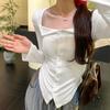 Футболка с длинными рукавами и квадратным вырезом в стиле Pure Lust, с плиссировкой и открытыми пуговицами для женщин на начало осени, тонкая, горячая, для девушек, нерегулярный облегающий топ