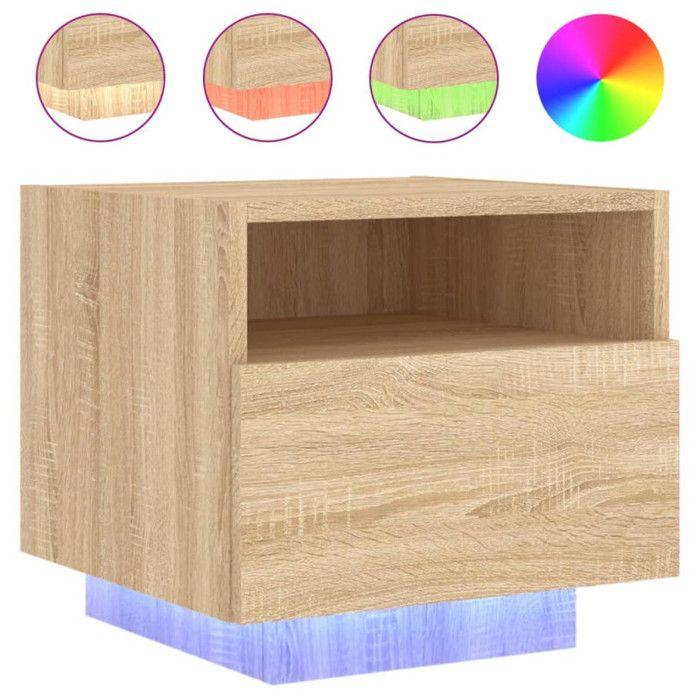 VidaXL Table de Chevet avec Lumières LED, Armoire de Nuit avec Rangement, Table de Nuit, Meuble de Chambre, Moderne, Chêne 836802
