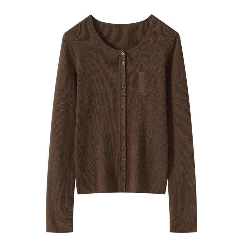 Early Spring New Round Neck Long Sleeve Design Sense Small Pocket Fashion Literary Lazy Wind Wool Knitted Sweater Outside Cardigan