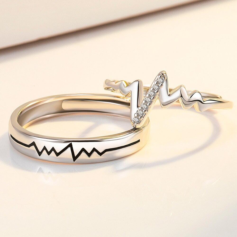 New 925 Sterling Silver Couple Ring Men Women Electrocardiogram Adjustable Pair Micro-inlaid Zircon Lovers Rings Jewelry Gift