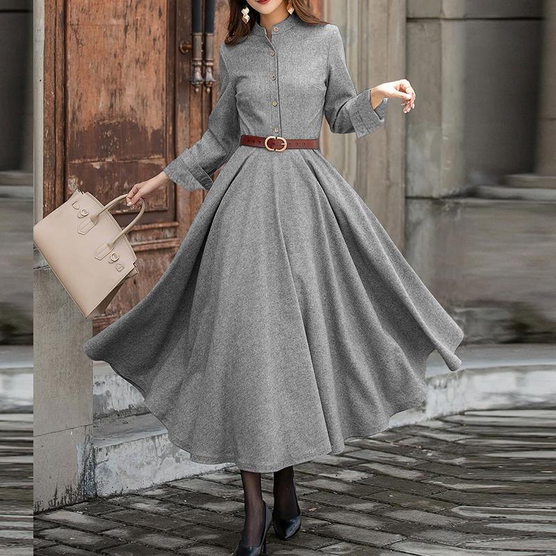 ZANZEA Женское повседневное платье с длинными рукавами и воротником-стойкой, полностью расклешенное