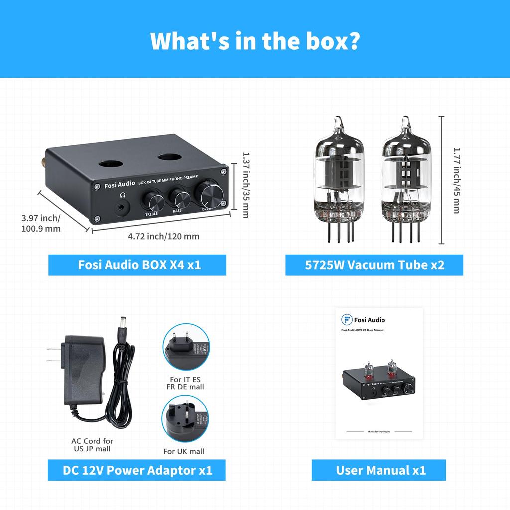Fosi Audio BOX X4 Фонокорректор Усилитель для наушников с вакуумным предусилителем 6J1 для MM-проигрывателей и предусилитель для пластинок с регуляторами низких и высоких частот
