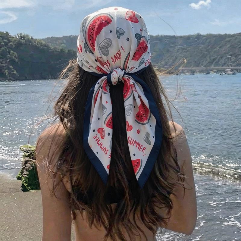Cute Watermelon Fruit Print Square Scarf Satin Silk Lightweight Bandana for Women Beach Vacation Outfit Neck Hair Accessory