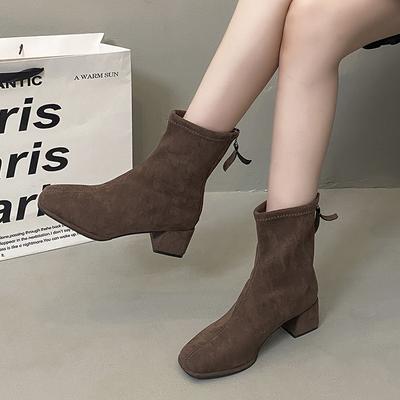 Коричневые ботильоны на толстом каблуке, женские тонкие ботинки 2025 новый осенне-зимний квадратный носок высокий каблук ботинки-носки женские замшевые эластичные ботинки