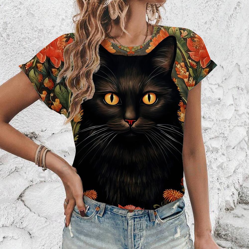 Elegant Women's T-Shirt Fashion Art Cats Pattern Print T-Shirt Summer Leisure Short Sleeved T-Shirt Women's Oversized T-Shirt