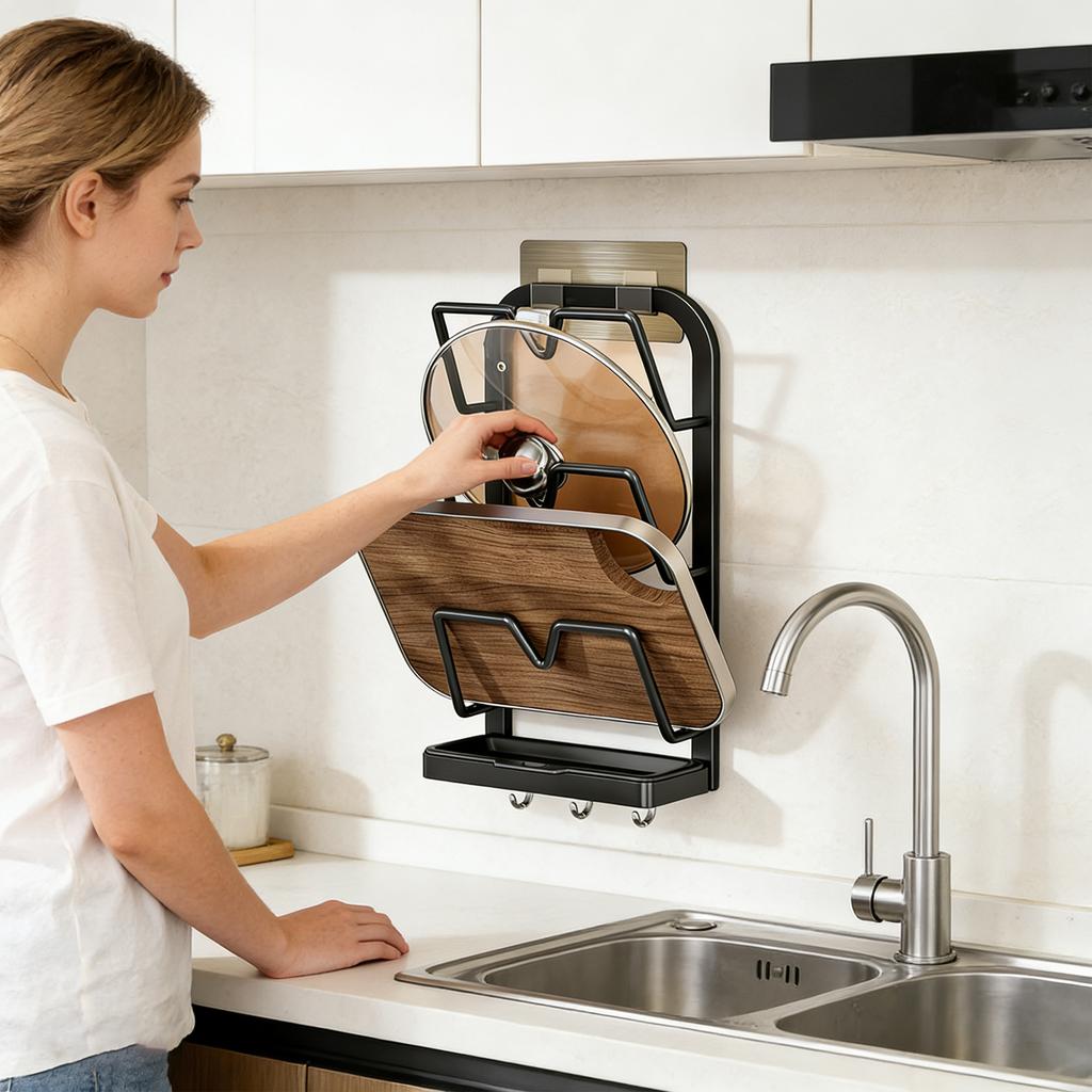 Органайзер для крышек кухонных кастрюль, Подставка для крышек кастрюль из нержавеющей стали, Многофункциональный органайзер для крышек кастрюль со съемным поддоном для сбора капель, Экономия места