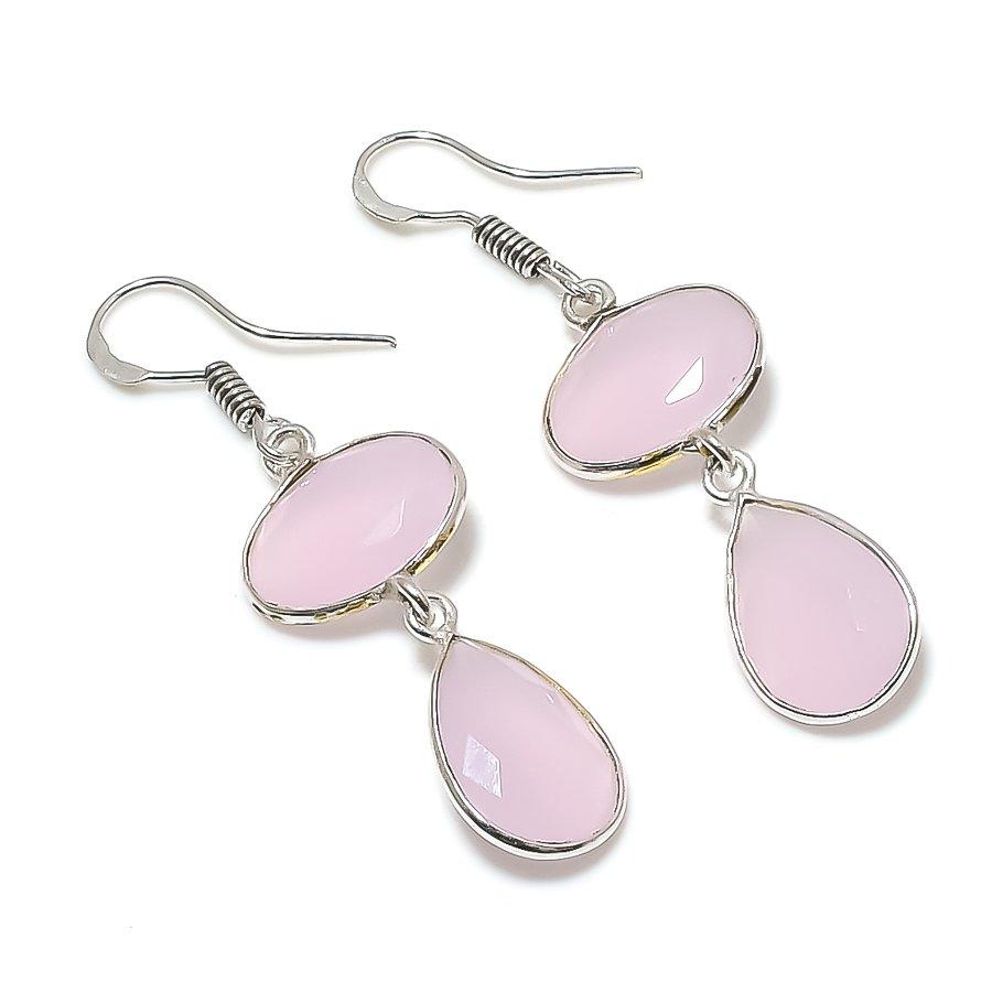 Pink Chalcedony Gemstone Handmade 925 Sterling Silver Jewelry Earring 1.89" GK-6219