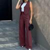 2 Pcs/Set Women Waistcoat Pants Set Formal Business Style Sleeveless Single-breasted Top High Waist Wide Leg Solid Color Trousers OL Commute Outfit