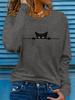 Women's Spring and Autumn Comfortable Casual Fashion Long Sleeved Cat Graphic Printed Round Neck T-shirt