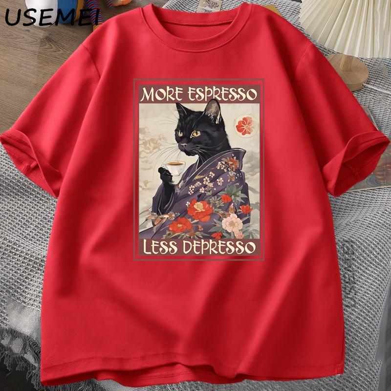 More Espresso Less Depresso Humorous TShirt Unisex Women Black Cat Coffee T Shirt Cotton Y2k Summer Loose Short Sleeve Tee