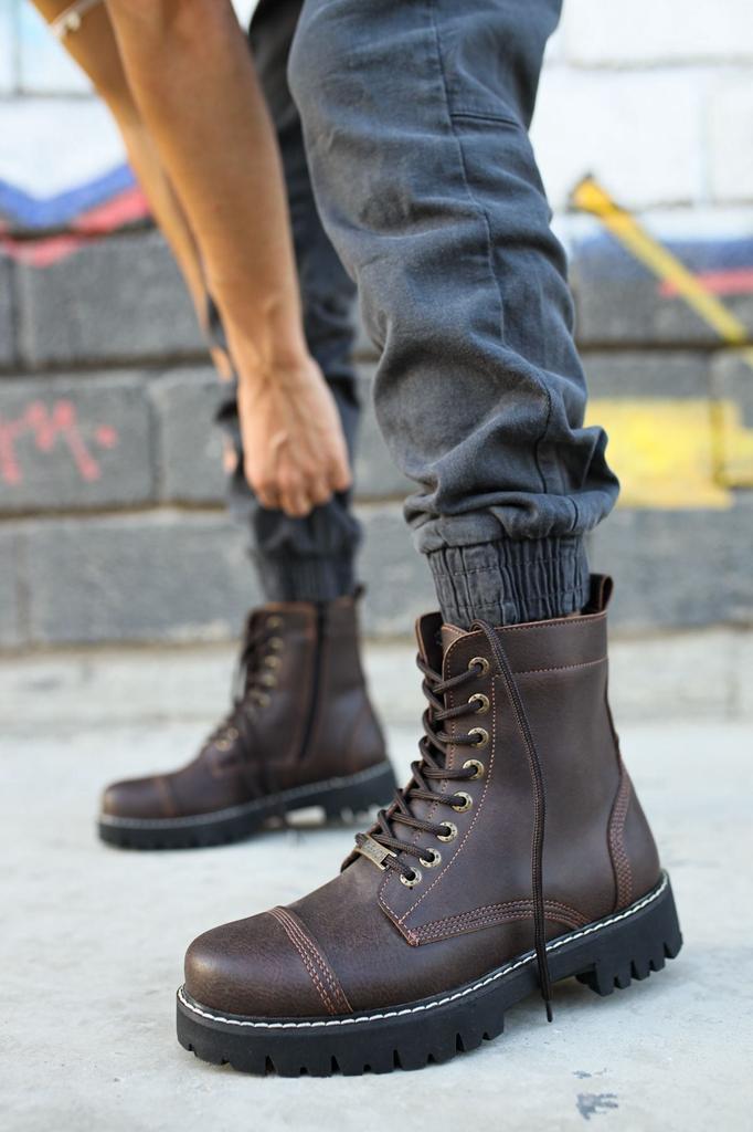 Men's Fashion Faux Leather Flat Heeled Booties Bootie Brown Boots Ch Shoes