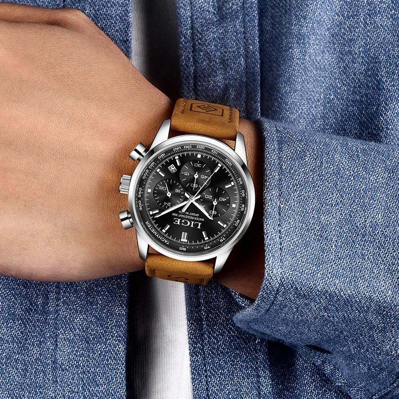 LIGE Luxury Trendy Man Watch Date Waterproof Luminous Chronograph Men Watch Sports Male Stylish Leather Men's Quartz Watches