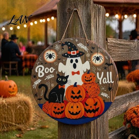 Indoor Outdoor Holiday Ornament Halloween Boo Wood Door Hanger Sign with Cute Ghost Black Hat Pumpkin Print, Front Decorative Craft Gift Porch
