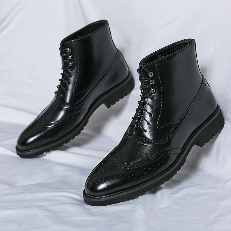 Classic Pointed Leather Boots for Men Lace Up Oxfords Low-heel Dress Boots for Men High Top Formal Shoe Men Ankle Boots