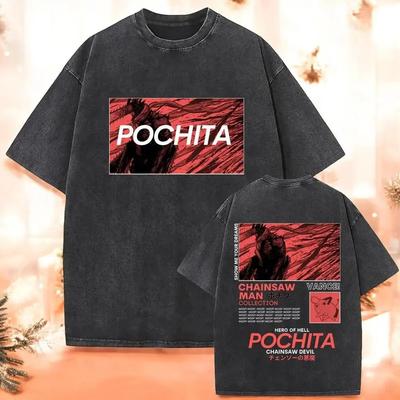 Мужская футболка с двойной печатью Pochita из Chainsaw Man, винтажная стирка, оверсайз, унисекс, уличная одежда для фанатов аниме, повседневная футболка с коротким рукавом, 100% хлопок