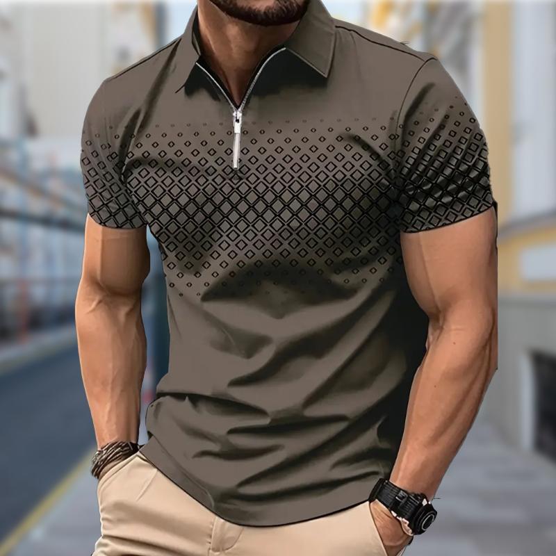 Мужская рубашка поло повседневная на молнии с коротким рукавом модная повседневная на молнии лето весна стандартный крой ромбовидный принт 3D принт рубашка