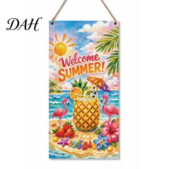 Porch Hanging Sign Summer Wooden Sign, Welcome Front Door Decor with Decorative Rope, Colorful Hanger for Seasonal Farmhouse Beach House Wall Art