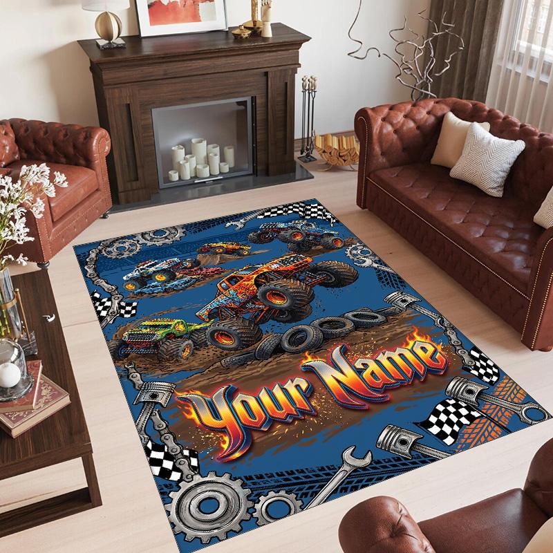 Monster Truck Theme Crystal Velvet Rug Personalized Custom Name Text Soft Floor Mat Home Decor