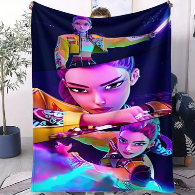 Охотница K-Pop Флисовое одеяло Дизайн неоновой девушки-воина Мягкий плед для спальни, дивана, концертный мерч Идеально для K-Pop фанатов, подростков
