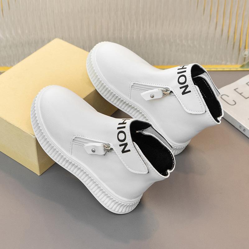 Детские модные ботинки с застежкой-молнией сбоку, с круглым носком, для мальчиков, спортивные ботинки, классические, однотонные, нескользящие, короткие кожаные ботинки для девочек