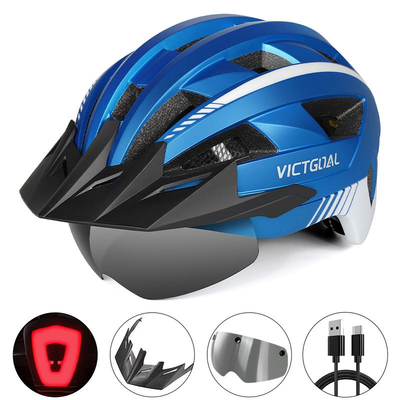 VICTGOAL MTB Road Bike Helmet for Men Women Visor Goggles LED Rear Light Mountain Bicycle Helmet Adults Racing Cycling Helmets
