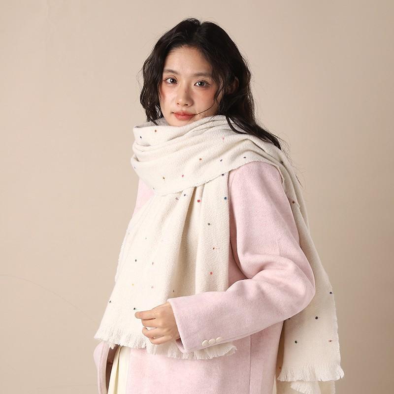 Solid color white scarf women's autumn and winter new polka dot tassel Korean version shawl dual-purpose high-end scarf