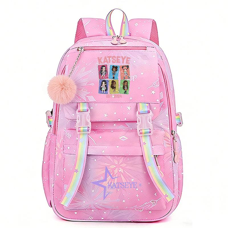 KATSEYE Cartoon Print Backpack Gradient Girls Student Bookbag Large Capacity Lightweight Pink 60331