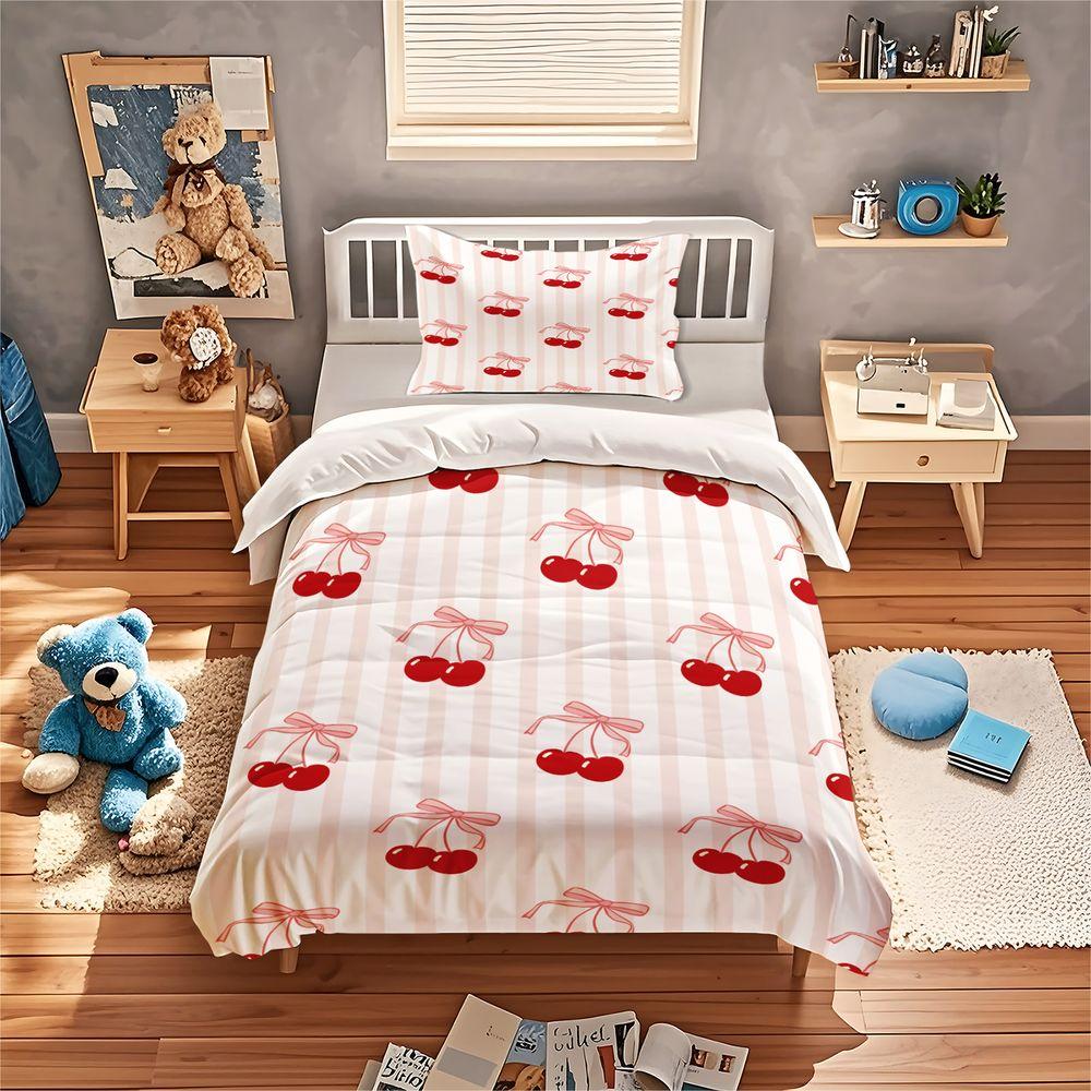2/3Pcs Cute Cherry Bow Print Duvet Cover Set (1 Duvet Cover & 1/2 Pillowcase) Soft Aesthetic Bedding Set for Girls Bedroom Decor