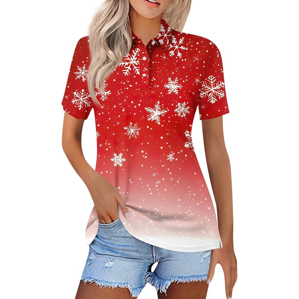 Женская модная повседневная рубашка с лацканами и короткими рукавами с рождественским принтом, женские топы на пуговицах