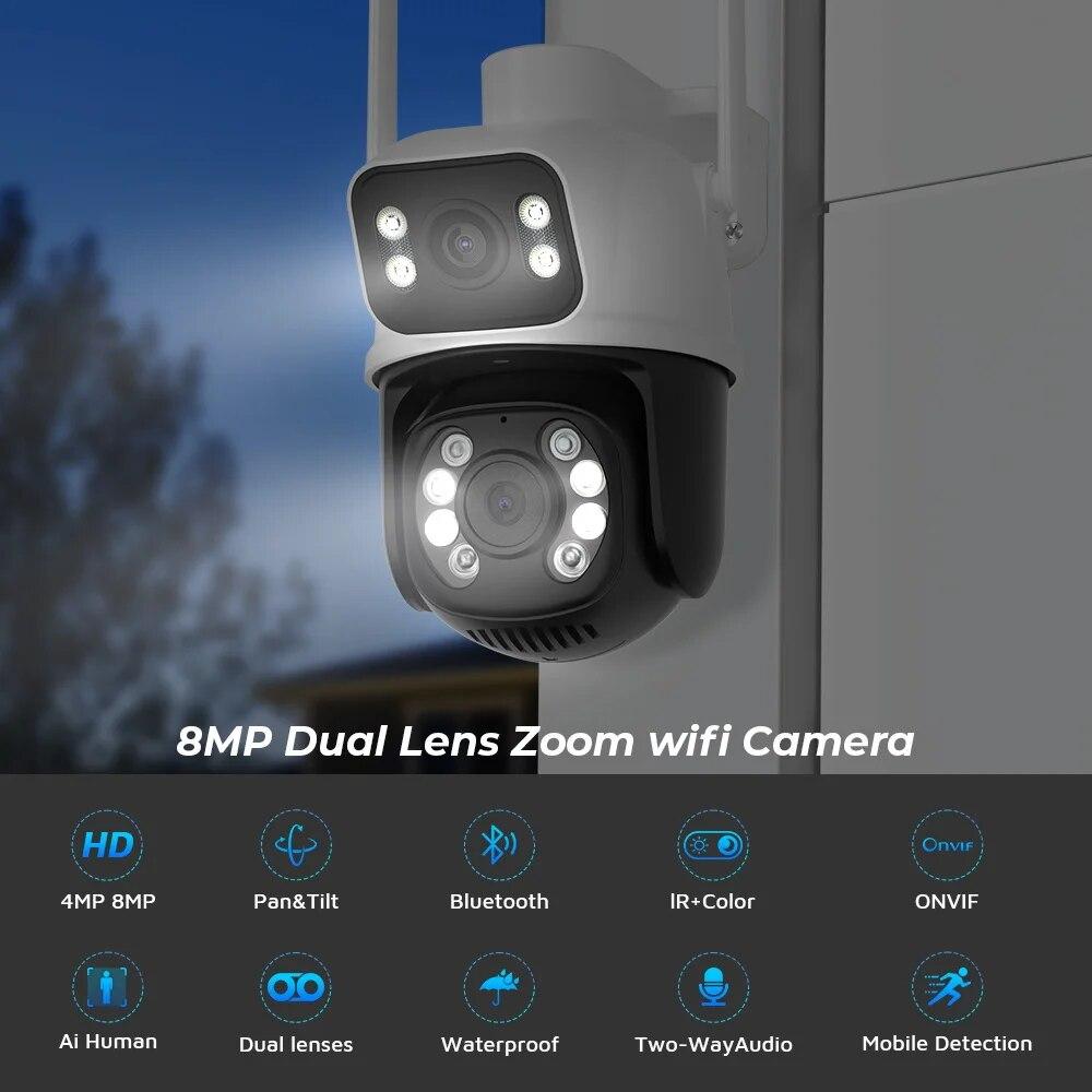 LS VISION 8-мегапиксельная PTZ-камера, 2,4 ГГц, Wi-Fi, двойной объектив, двойной экран, искусственный интеллект, обнаружение человека, автоматическое отслеживание, беспроводная уличная камера наблюдения iCSee