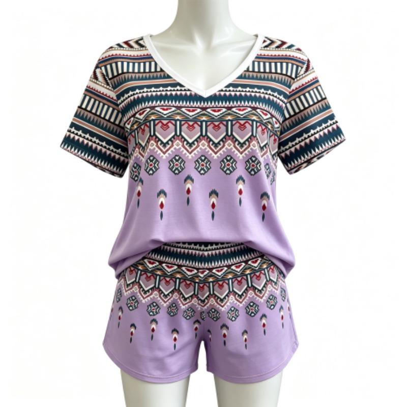 Summer Fashion Ethnic Geometric Patterns Printed V Neck Short Sleeved T-Shirt And Shorts Set Women's and Men's T-shirt Shorts Set