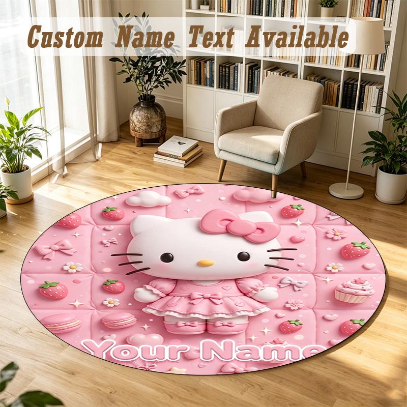 Hello Kitty Personalized Round Rug Support Custom Name, Soft Home Decor Mat