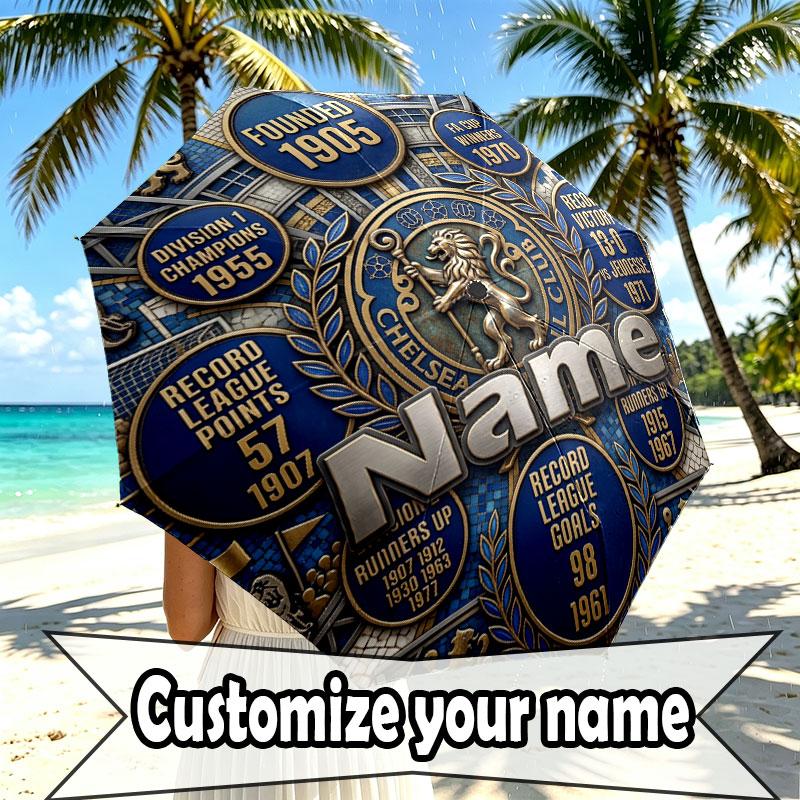 Custom Name Personalized Chelsea Football Club Print Umbrella, Auto Open Close, 8‑Rib Sturdy Frame, Commute Camping Hiking Use, Birthday Gift