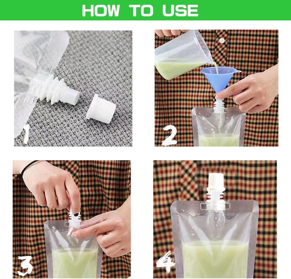 100-pack of 100ml drink pouches – portable jelly pouches suitable for coffee and drinking water; ideal for outdoor activities, travel and parties; 3.