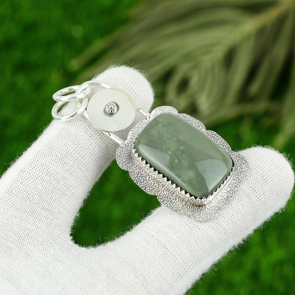 Sterling Silver Radiant Polychrome Jasper Stone Bezel Daughter Pendant Jewelry