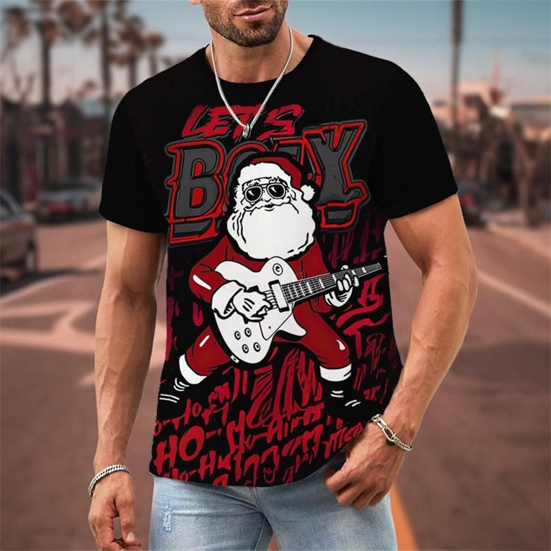 Funny Christmas Pattern T-Shirt For Men Santa Claus Music 3D Print Tees Summer Casual Short Sleeve Loose T Shirts Round Neck Top