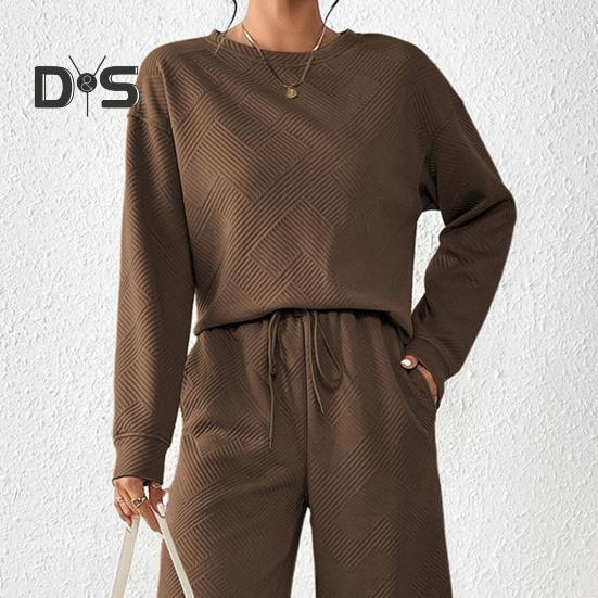 2 шт./комплект женский топ брюки костюм O-образный вырез длинные рукава однотонный спортивный свитшот завязывающийся на резинке талия широкие брюки фитнес-наряд осень весна