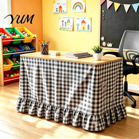 Ruffle Desk Cover Gingham Ruffled Table Skirt, Cottagecore Teacher Skirt for Classroom, Full Enclosed Wrap Plaid Tablecloth Birthday Wedding