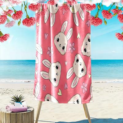Cute Bunny Faces with Hearts & Flowers Patterned Beach Towel Quick Dry Perfect for Travel Outdoor Sports Jogging the Beach and Swimming