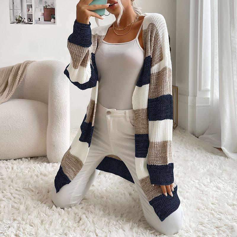 Повседневный тренд, универсальный, осень и зима, женский длинный отрезок без пуговиц, цветной свитер, пальто