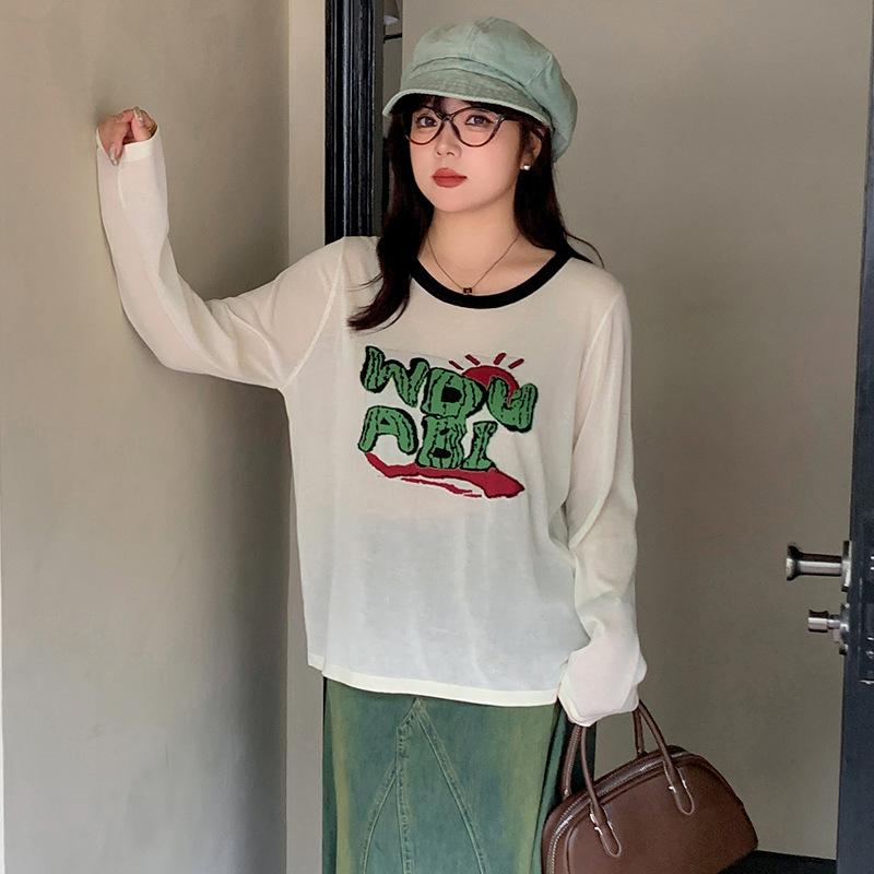 Плюс Размер Женский Круглый вырез Жаккардовый Письмо Топ Длинный Рукав Ранняя Осень Свободный Повседневный Трикотаж