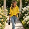 Women Round Neck Tie 3/4 Ruffle Sleeve Blouse, Slender Dragonfly Print, Casual Blouse for Commute, Shopping & Daily