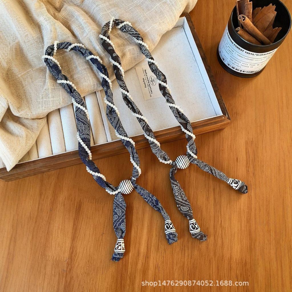 Cashew flower wrapped pearl silk scarf neck necklace female art student unique beautiful neck accessories long sweater chain