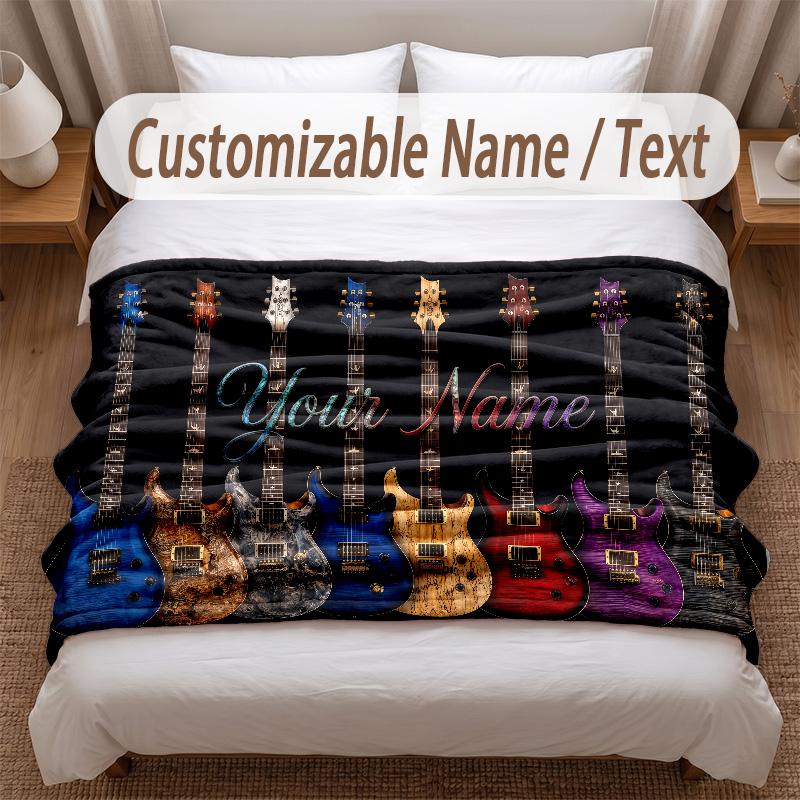 Music Guitar Theme Soft Blanket Personalized Custom Name Text Print Warm Blanket Home Sofa Bedroom Decor