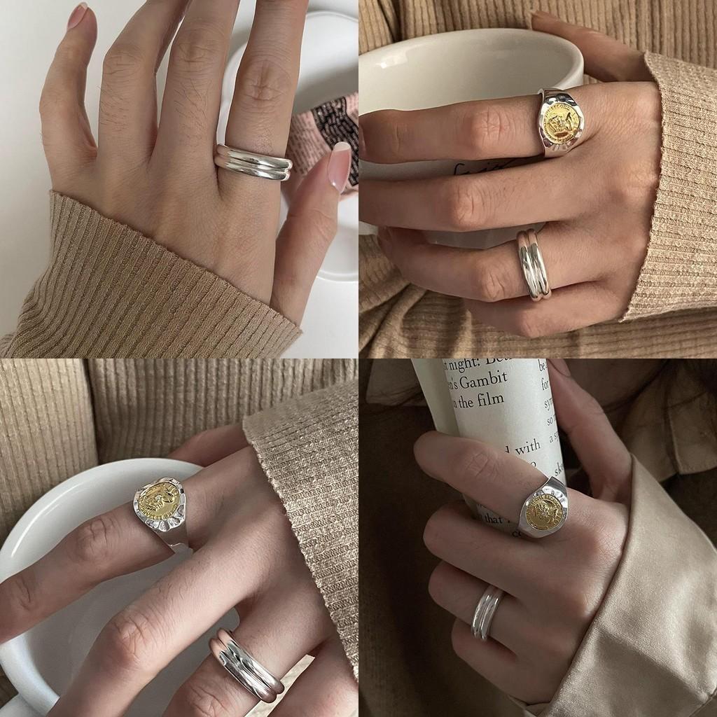 Stylish Adjustable Geometric Ring For Women Featuring Unique Coin Design And Two-tone Colors