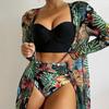 2025 European & American Sexy Mesh Bikini Set - Three-Piece Gathered Split Printed Swimsuit for Women