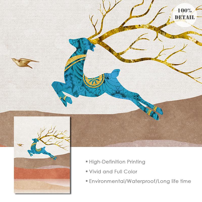 Скандинавский пейзажный постер, настенный художественный холст с принтом, картина «Горный олень, луна, восход солнца», современная абстрактная живопись для декора гостиной