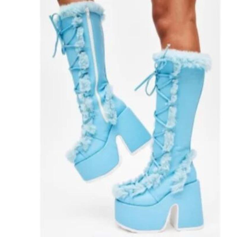 Fashion New Winter Women Snow Boots Platform Wedge High Heel Faux Fur Lady Shoes Female Plush Warm Non-slip Mid Calf Boots Goth Shoes