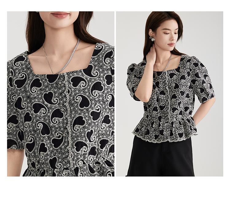 Pure cotton temperament floral age reducing short-sleeved shirt for women in 2026 summer, high-end and slim waist cinching top